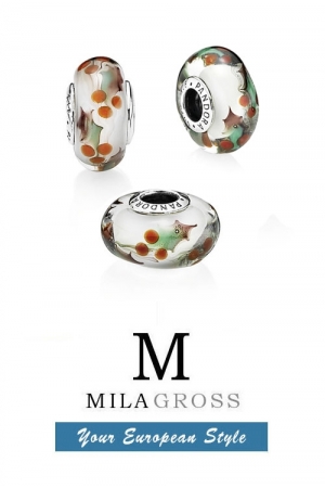 Бусина Шарм стиль "Christmas Holly Murano charm" (Рождественское мурано), серебро