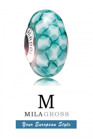 Пандора стиль муранское стекло "Teal lattice murano", летняя коллекция (серебро)