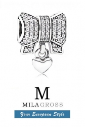 Шарм подвеска большой бант с сердечком паве (серебро)